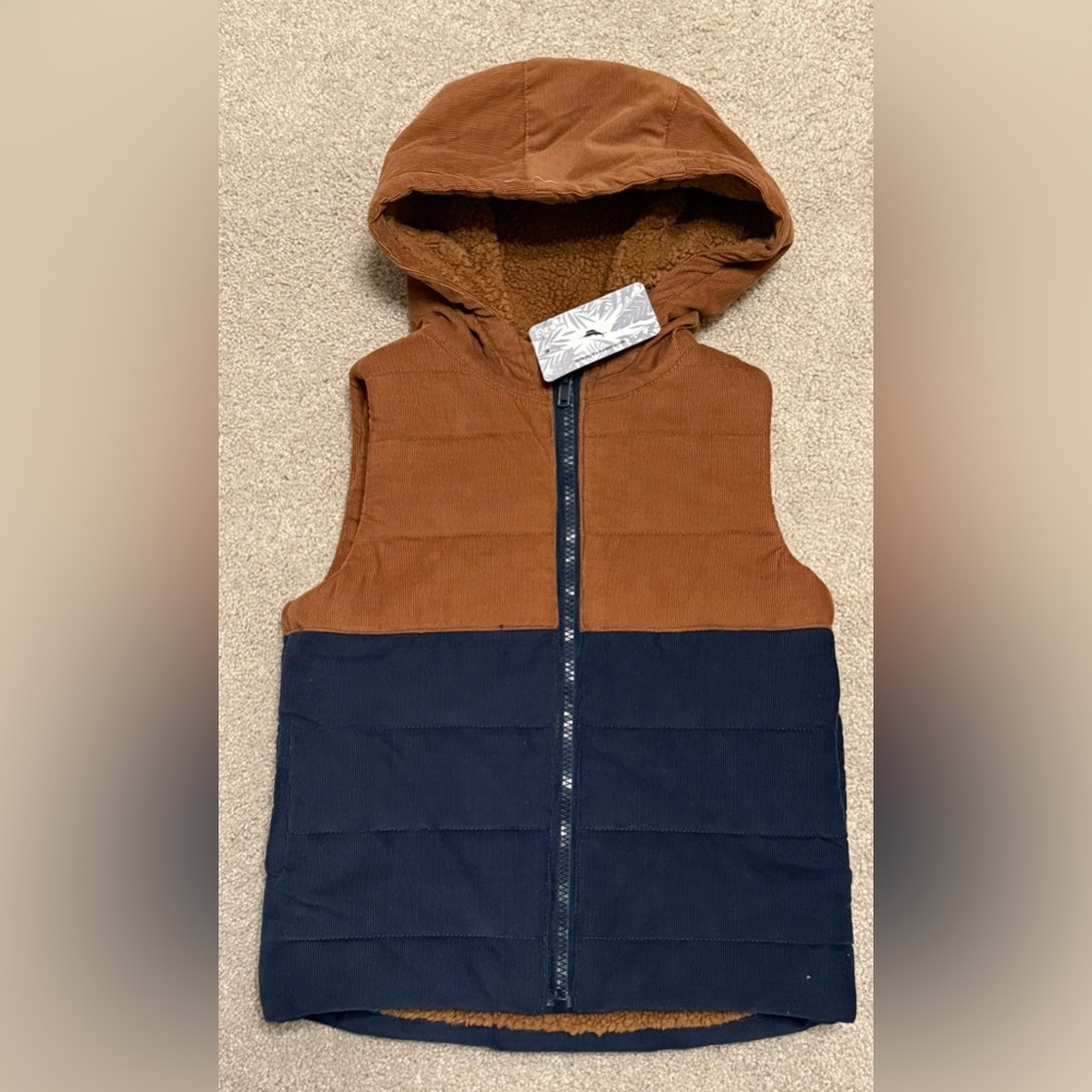 Tommy Bahama Boys 5T Corduroy Zip Vest Brown Navy W/Hood Shearling Lined Zip NWT